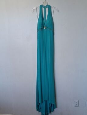 Vintage Turquoise Halter Maxi Dress with Beaded Waist